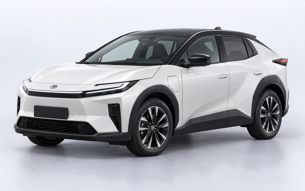 AI-genereret illustration af en hvid Toyota C-HR+, set skråt forfra.