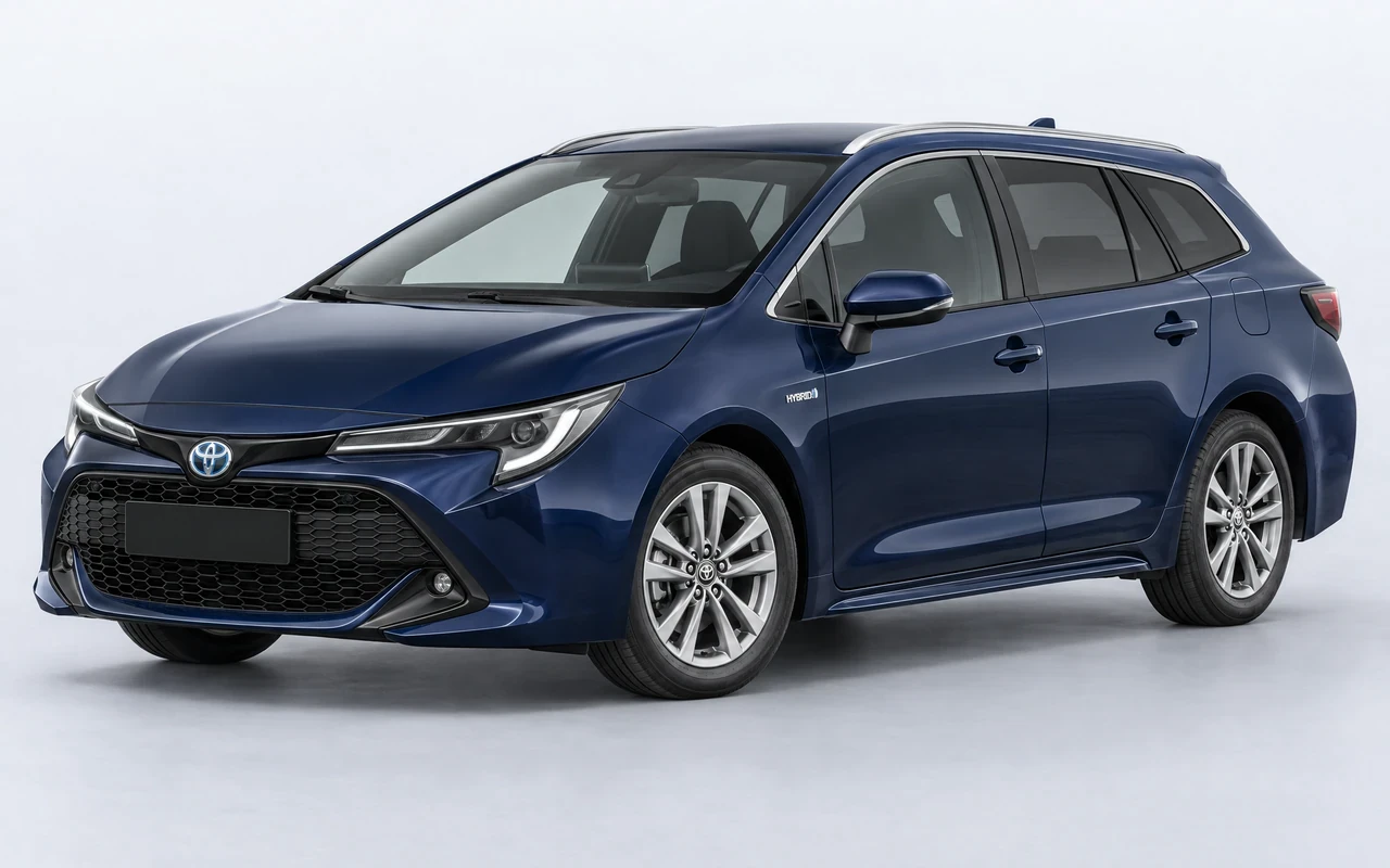 AI-genereret illustration af en mørkeblå Toyota Corolla Touring Sports, set skråt forfra.
