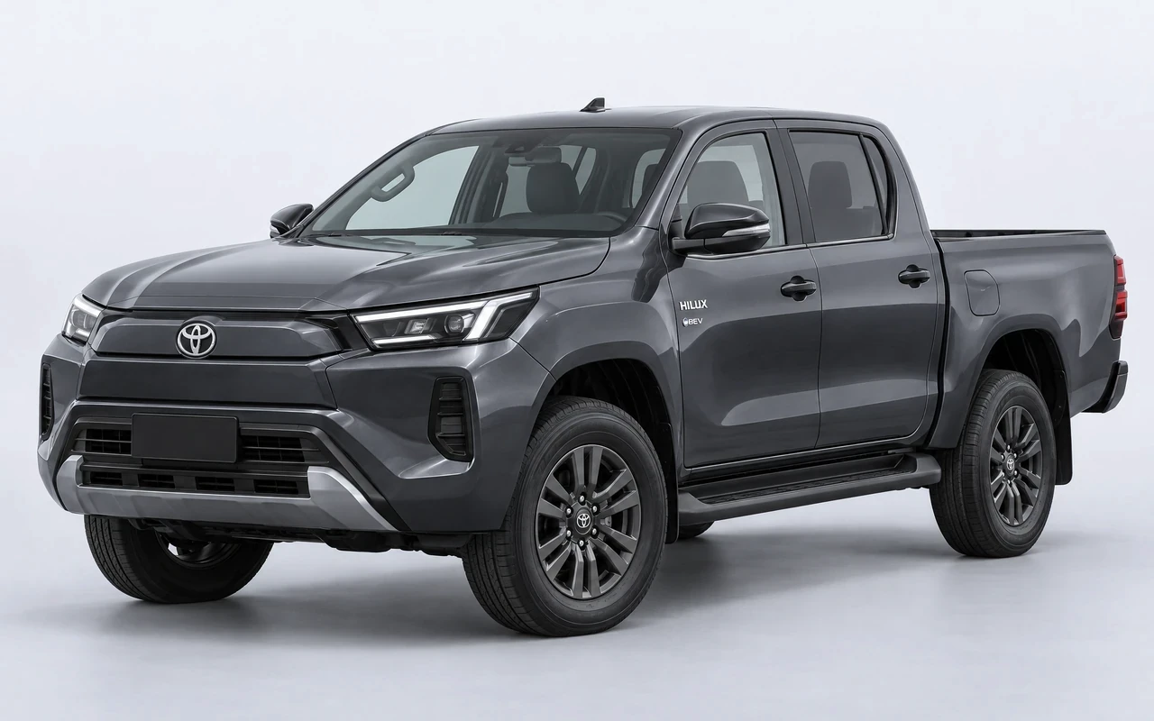 AI-genereret illustration af en mørkegrå Toyota Hilux Electric, set skråt forfra.