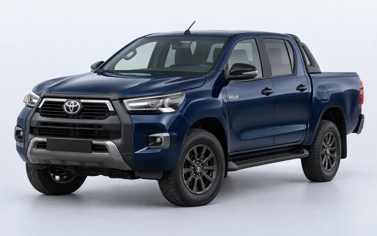 AI-genereret illustration af en mørkeblå Toyota Hilux, set skråt forfra.