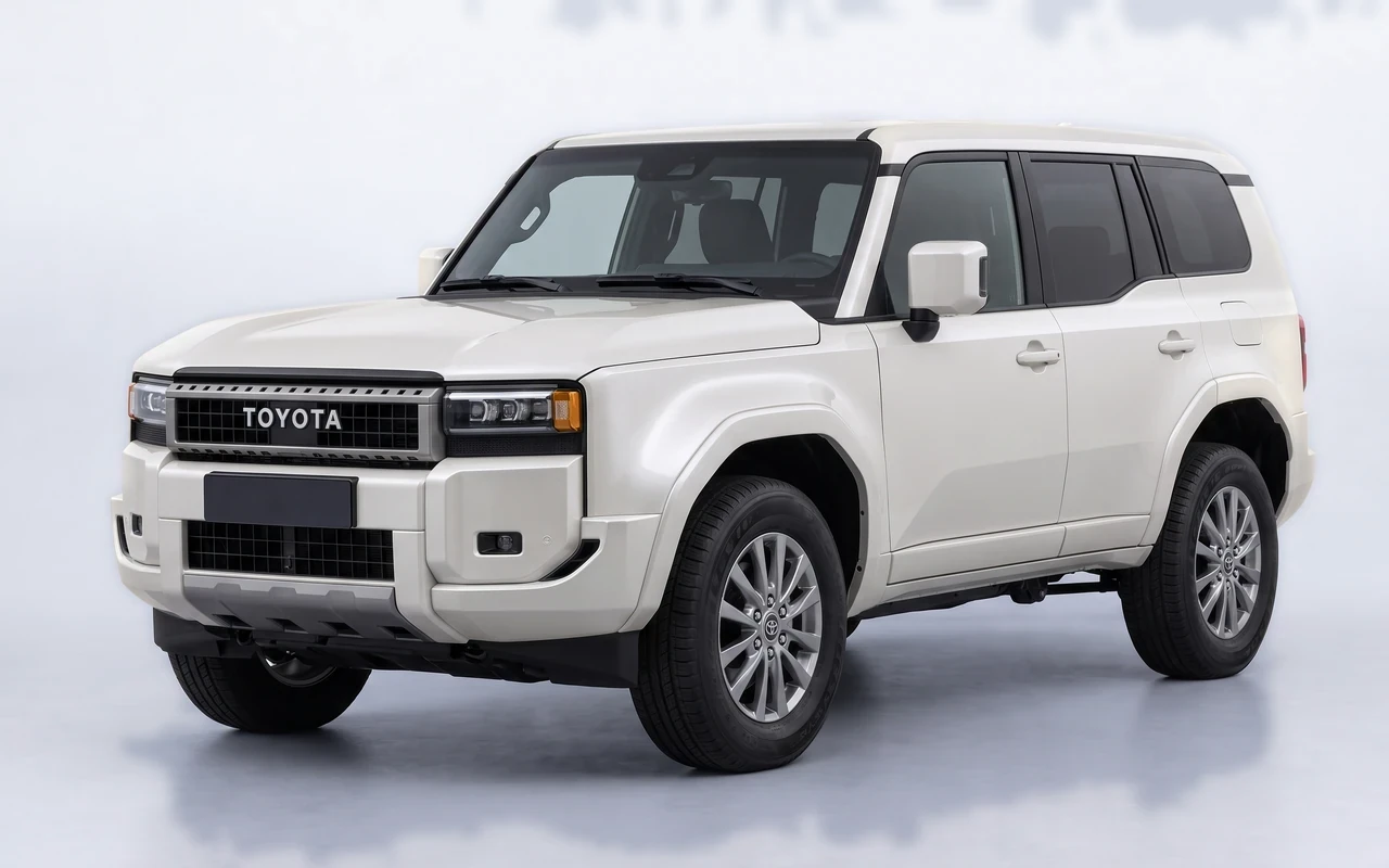 AI-genereret illustration af en hvid Toyota Land Cruiser, set skråt forfra.