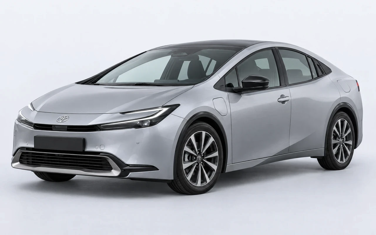 AI-genereret illustration af en sølvgrå Toyota Prius PHEV, set skråt forfra.