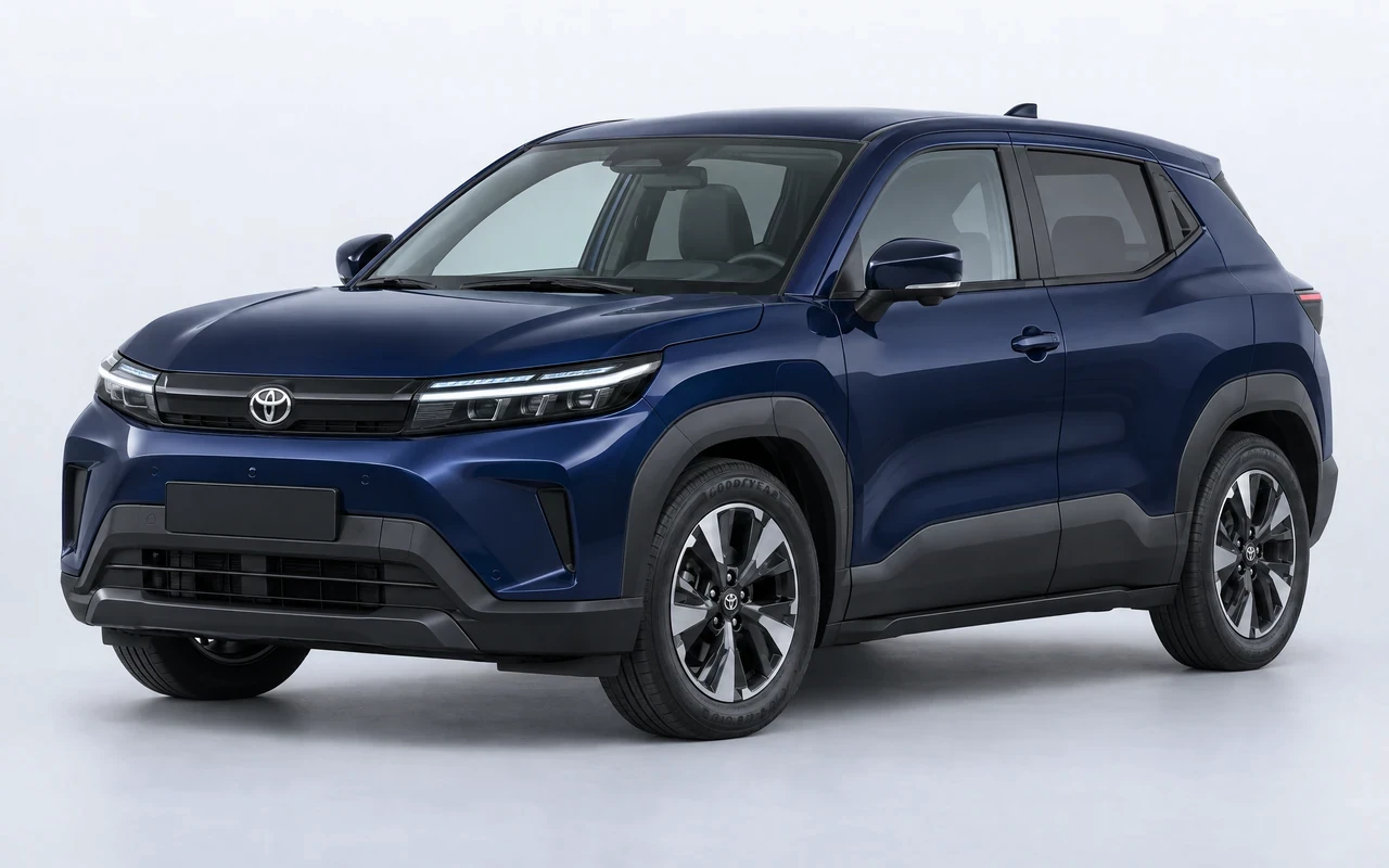 AI-genereret illustration af en mørkeblå Toyota Urban Cruiser, set skråt forfra.