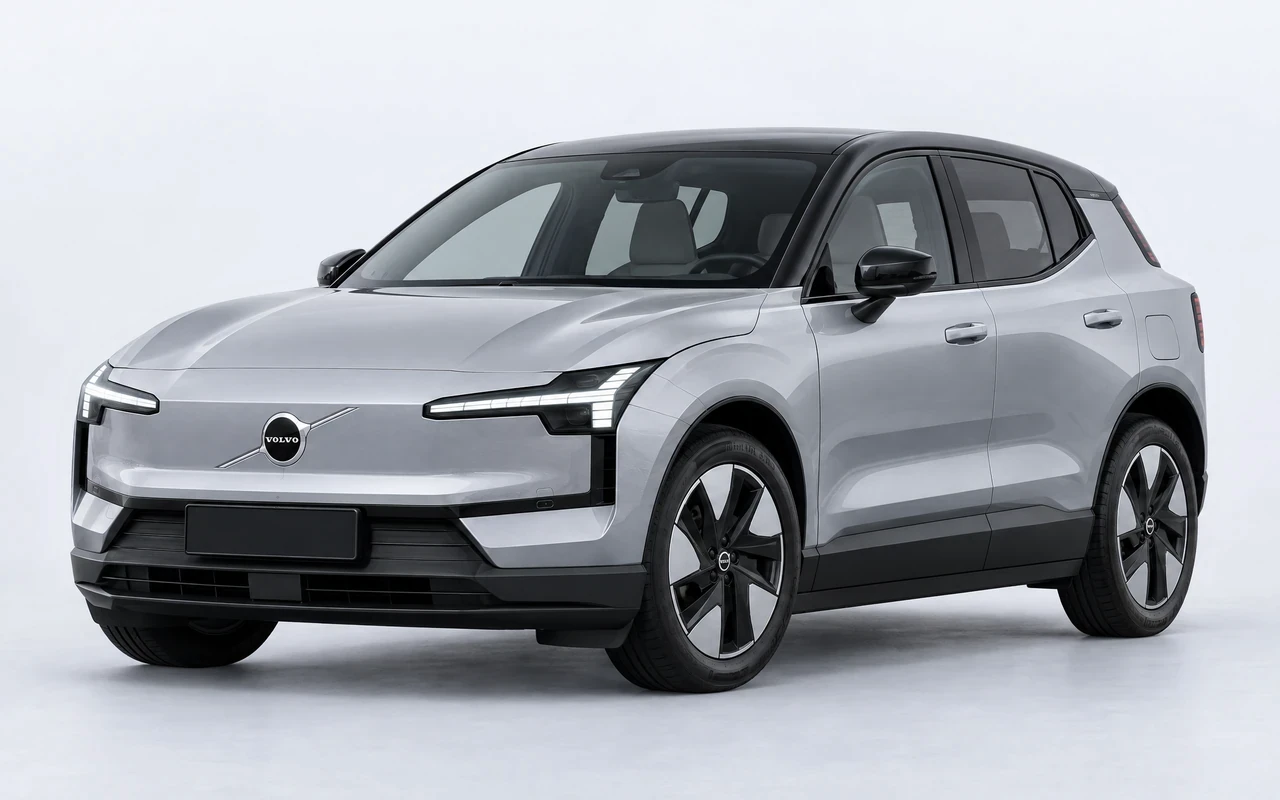 AI-genereret illustration af en sølvgrå Volvo EX30, set skråt forfra.