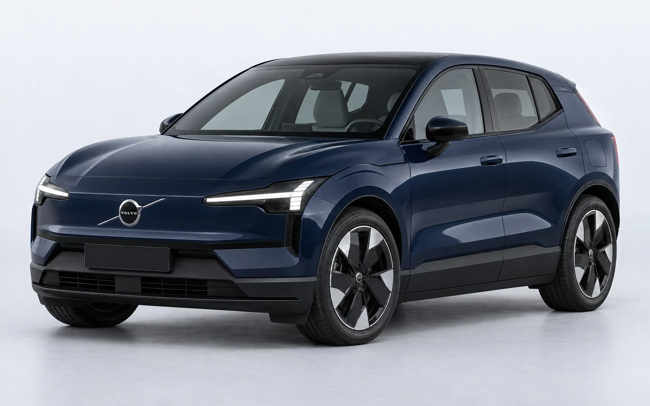 AI-genereret illustration af en mørkeblå Volvo EX30 Twin Motor, set skråt forfra.
