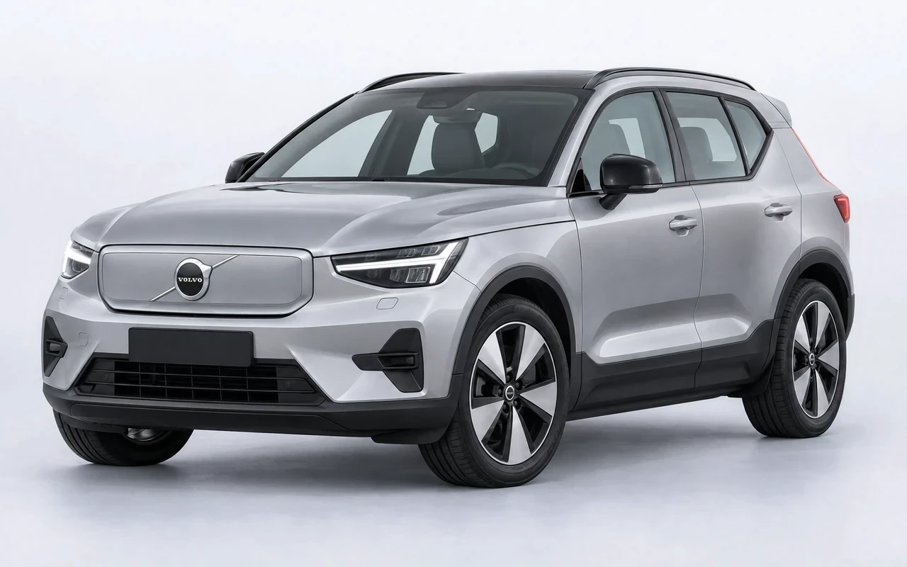 AI-genereret illustration af en sølvgrå Volvo EX40, set skråt forfra.