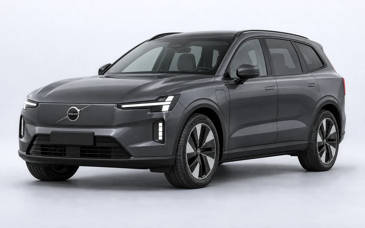 AI-genereret illustration af en mørkegrå Volvo EX60, set skråt forfra.