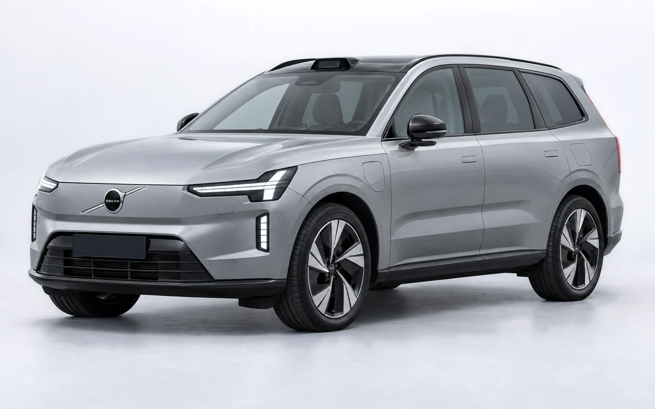 AI-genereret illustration af en sølvgrå Volvo EX90, set skråt forfra.