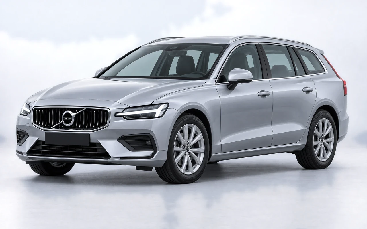 AI-genereret illustration af en sølvgrå Volvo V60, set skråt forfra.
