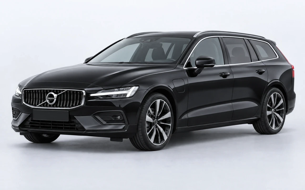 AI-genereret illustration af en sort Volvo V60 Recharge, set skråt forfra.