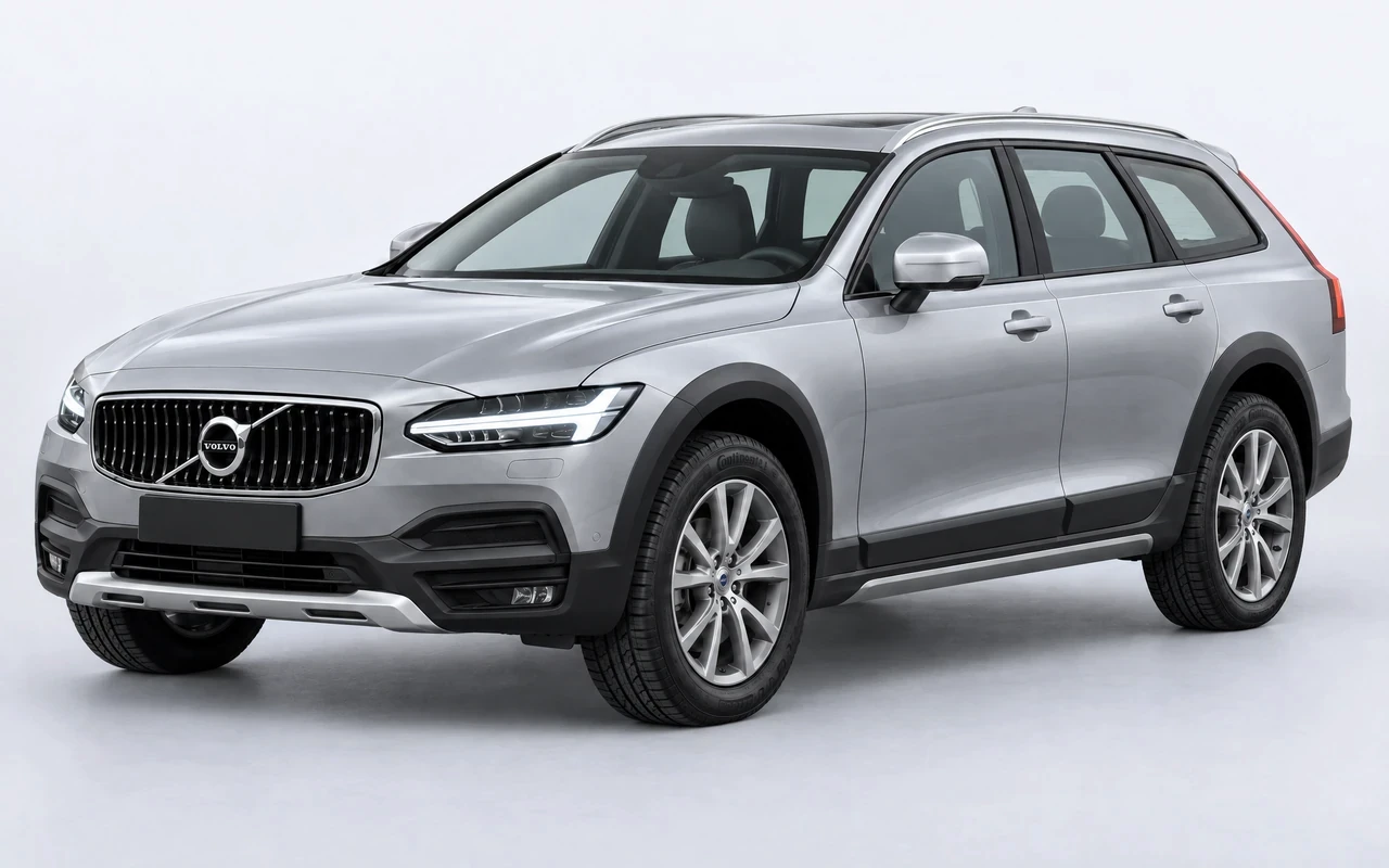 AI-genereret illustration af en sølvgrå Volvo V90 Cross Country, set skråt forfra.