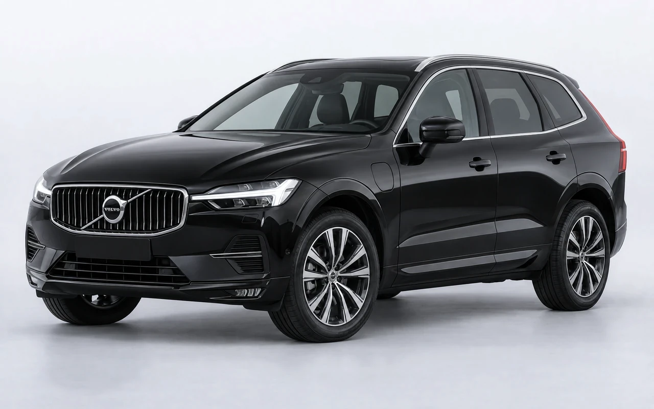 AI-genereret illustration af en sort Volvo XC60 T6 Recharge, set skråt forfra.