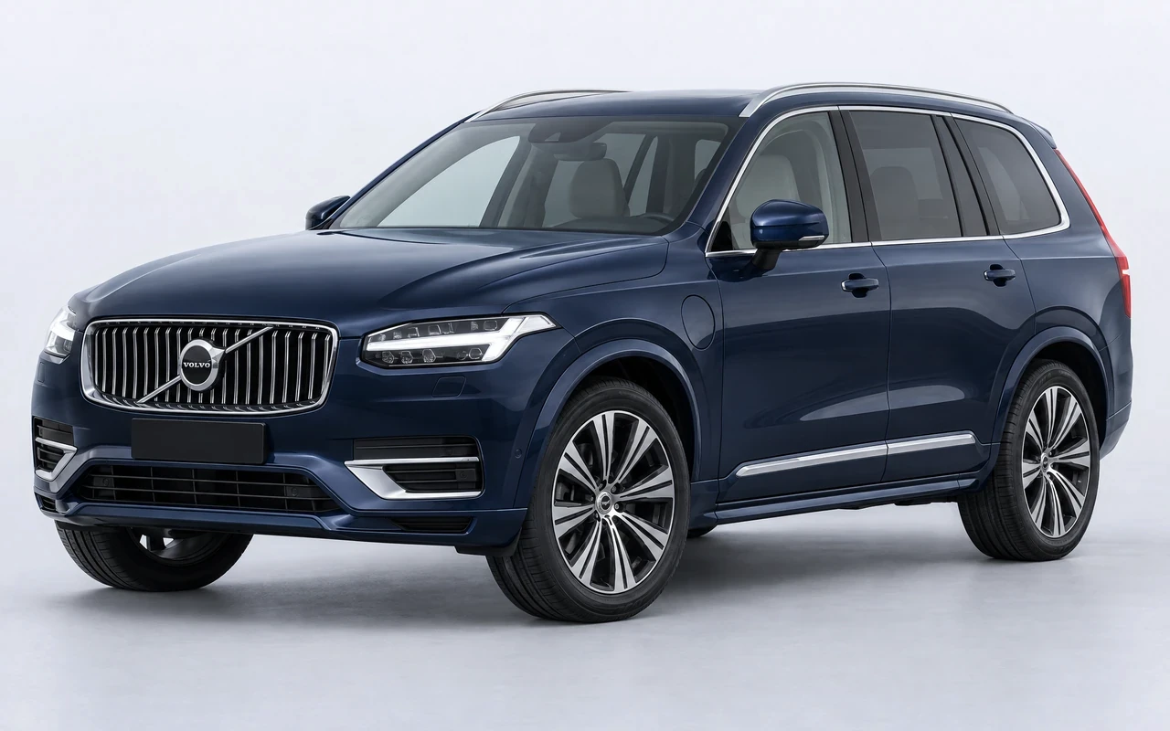 AI-genereret illustration af en mørkeblå Volvo XC90 T8 Recharge, set skråt forfra.