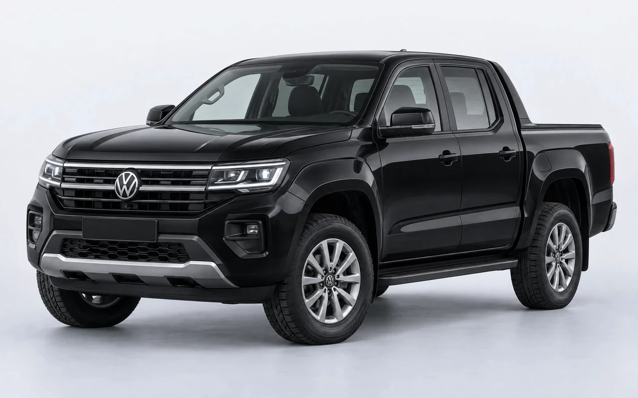 AI-genereret illustration af en sort Volkswagen Amarok, set skråt forfra.
