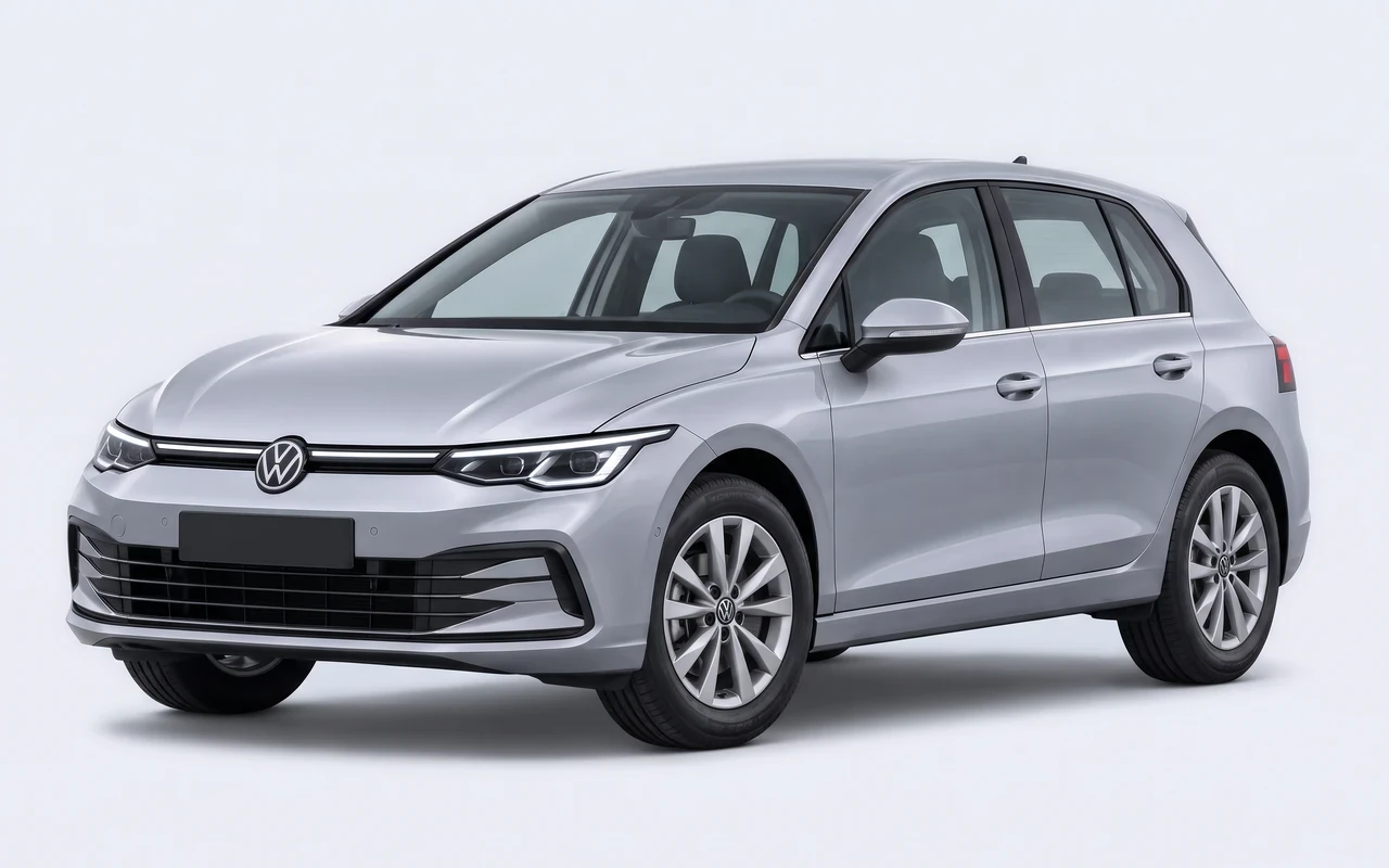 AI-genereret illustration af en sølvgrå Volkswagen Golf, set skråt forfra.