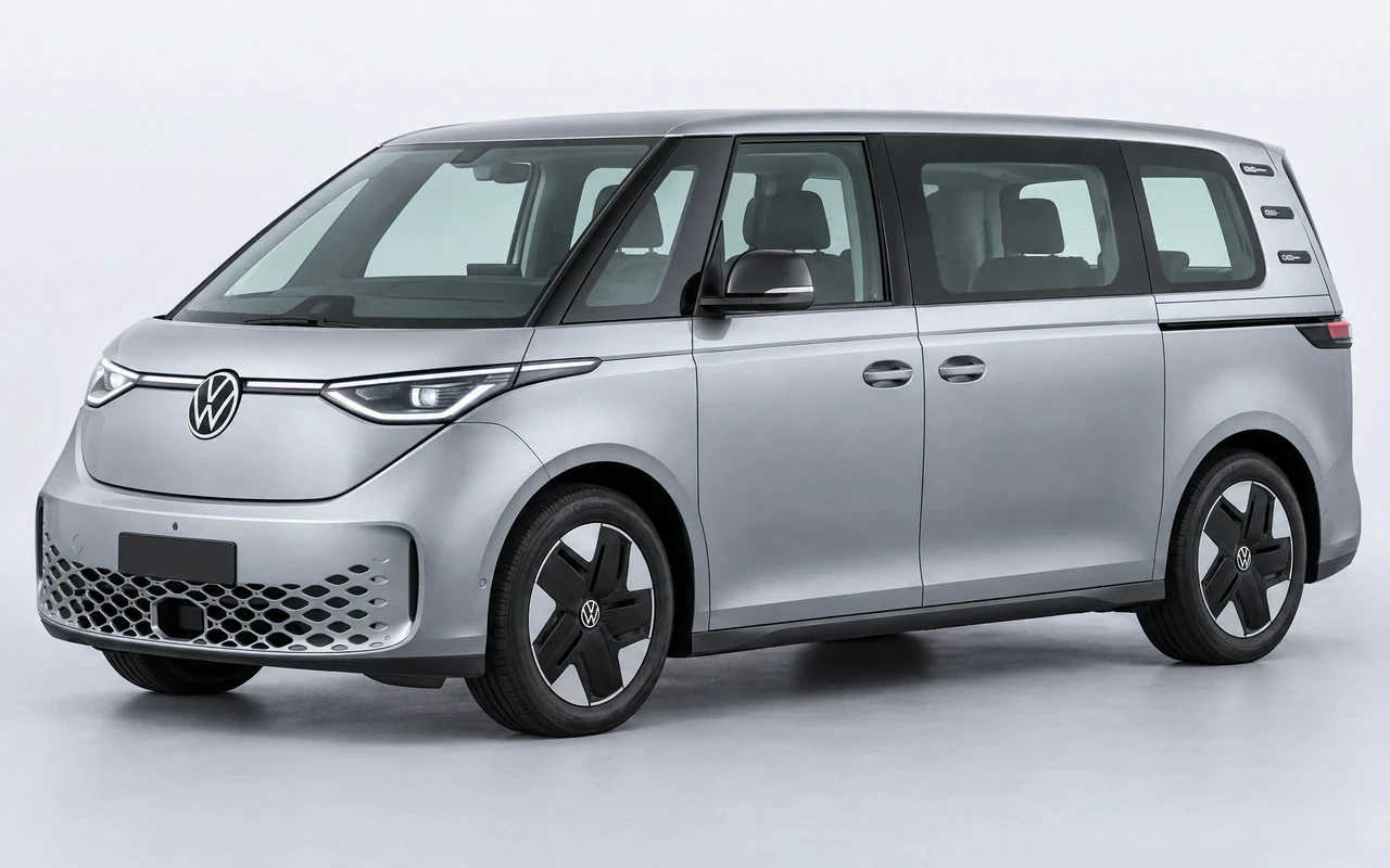AI-genereret illustration af en sølvgrå Volkswagen ID. Buzz, set skråt forfra.