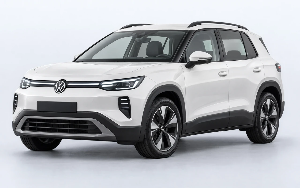 AI-genereret illustration af en hvid Volkswagen ID. Cross, set skråt forfra.