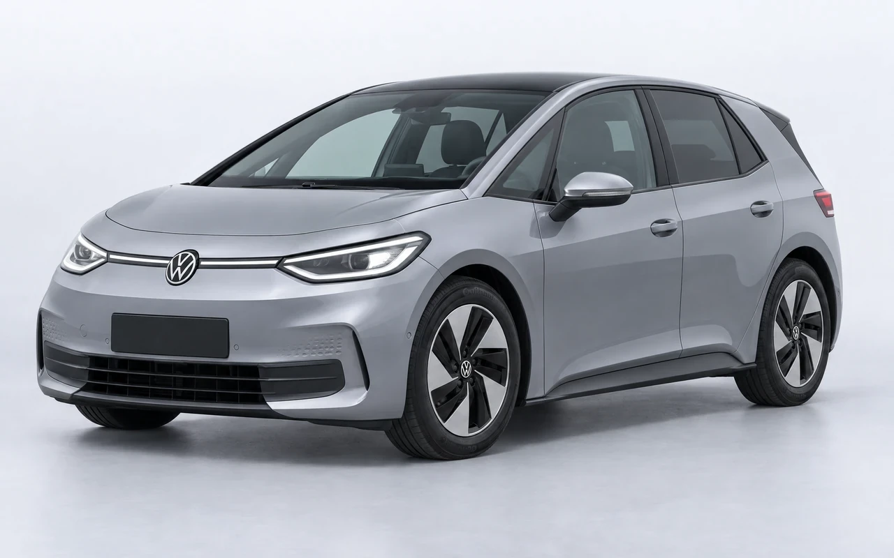 AI-genereret illustration af en sølvgrå Volkswagen ID.3, set skråt forfra.