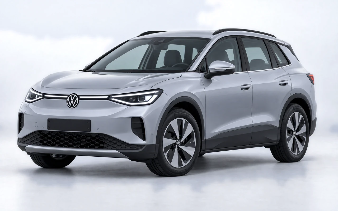 AI-genereret illustration af en sølvgrå Volkswagen ID.4, set skråt forfra.