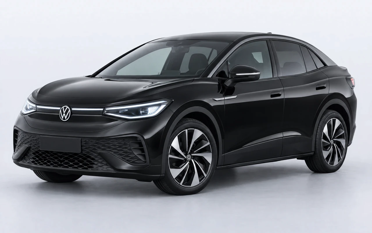AI-genereret illustration af en sort Volkswagen ID.5, set skråt forfra.