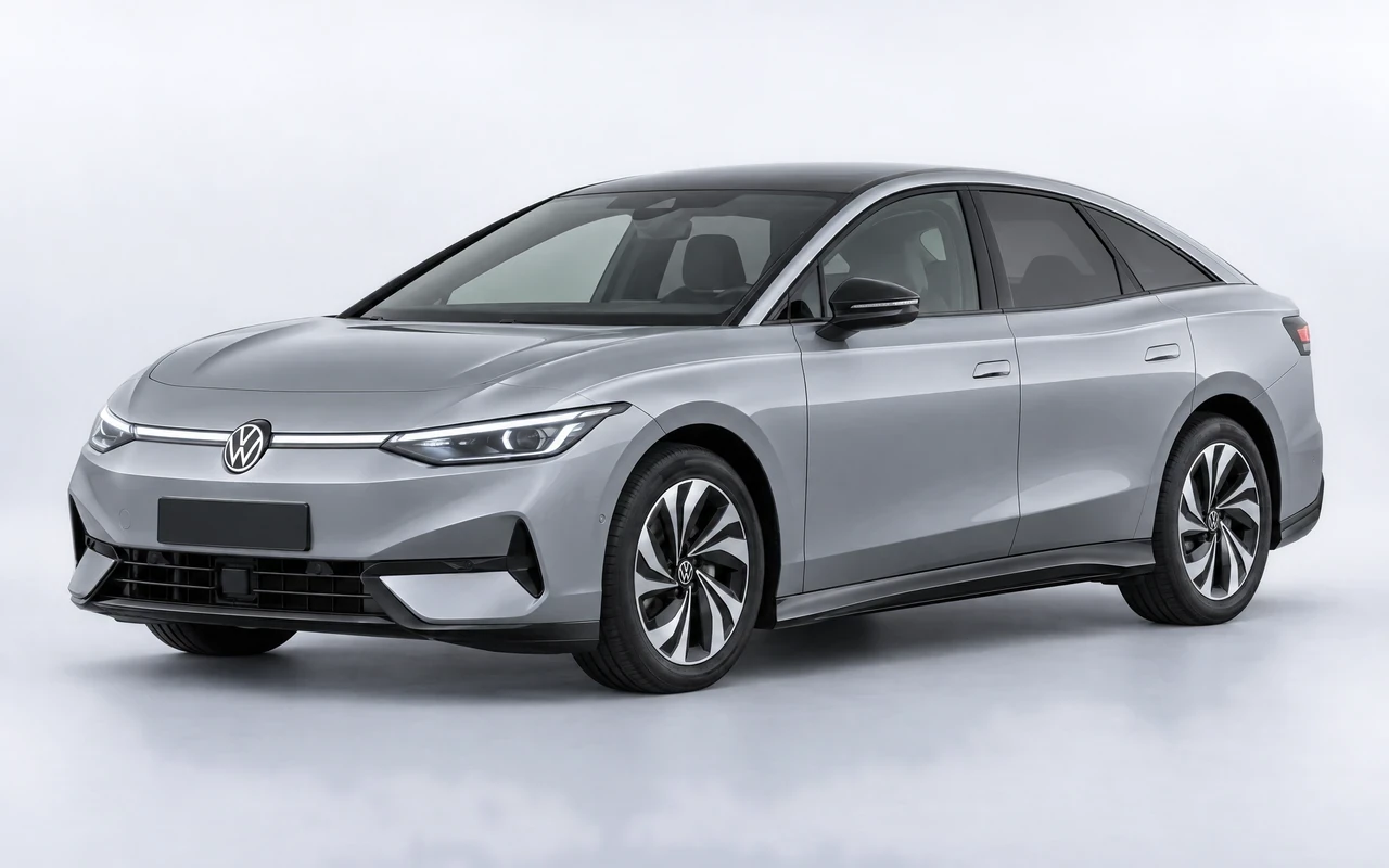 AI-genereret illustration af en sølvgrå Volkswagen ID.7, set skråt forfra.