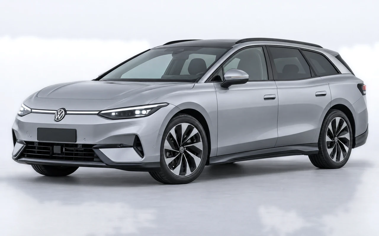 AI-genereret illustration af en sølvgrå Volkswagen ID.7 Tourer, set skråt forfra.