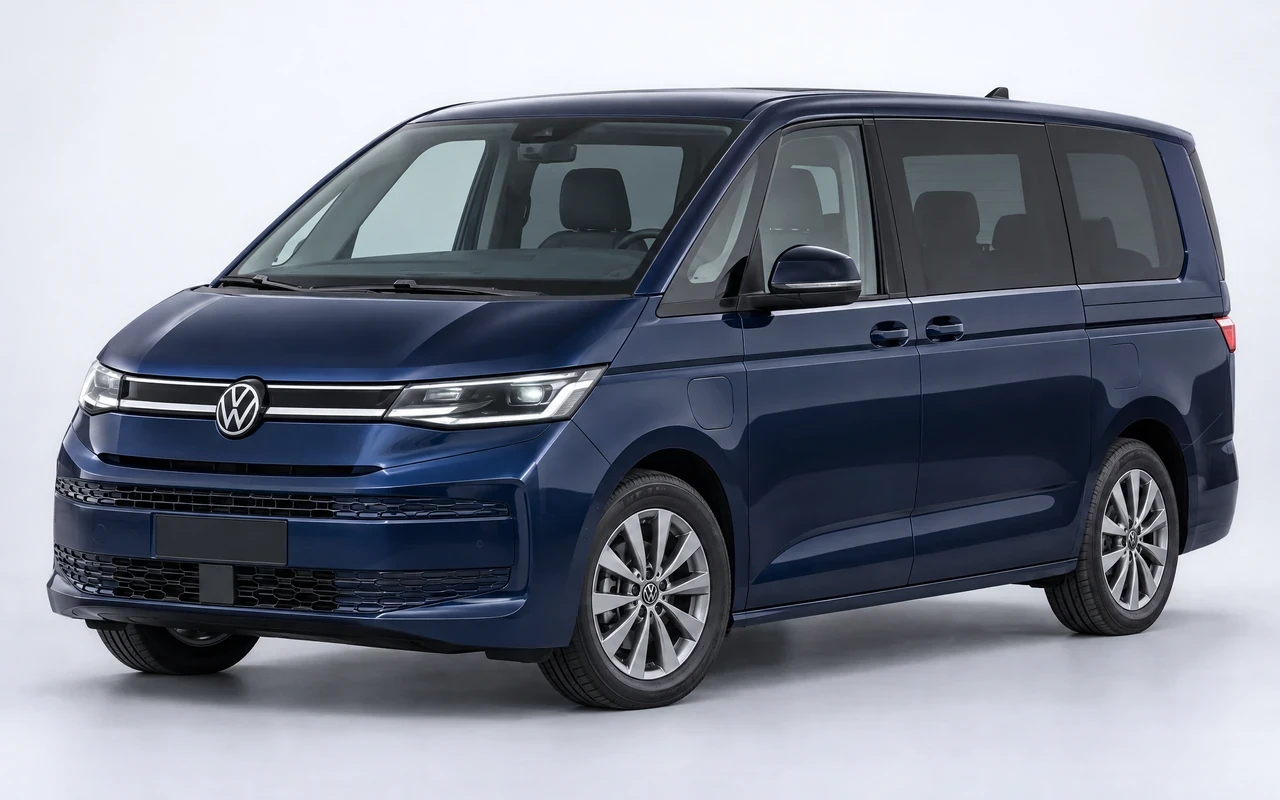 AI-genereret illustration af en mørkeblå Volkswagen Multivan eHybrid, set skråt forfra.
