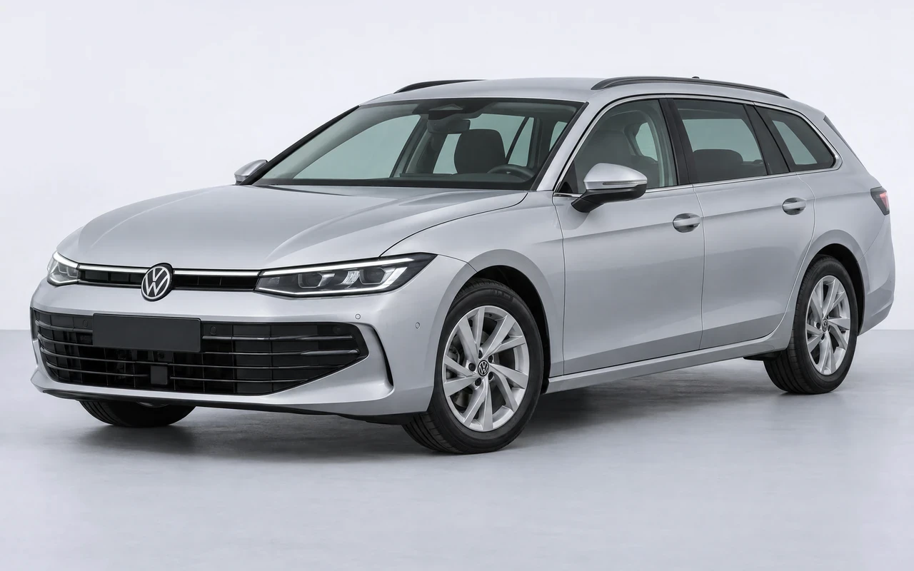 AI-genereret illustration af en sølvgrå Volkswagen Passat Variant, set skråt forfra.