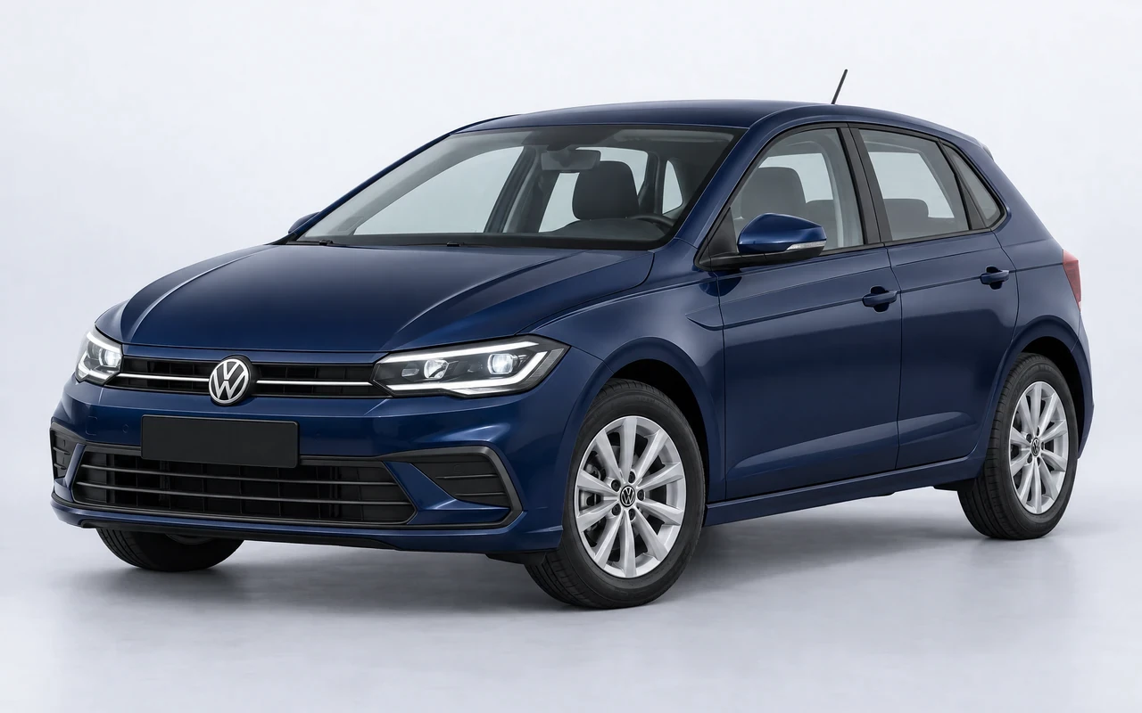 AI-genereret illustration af en mørkeblå Volkswagen Polo, set skråt forfra.