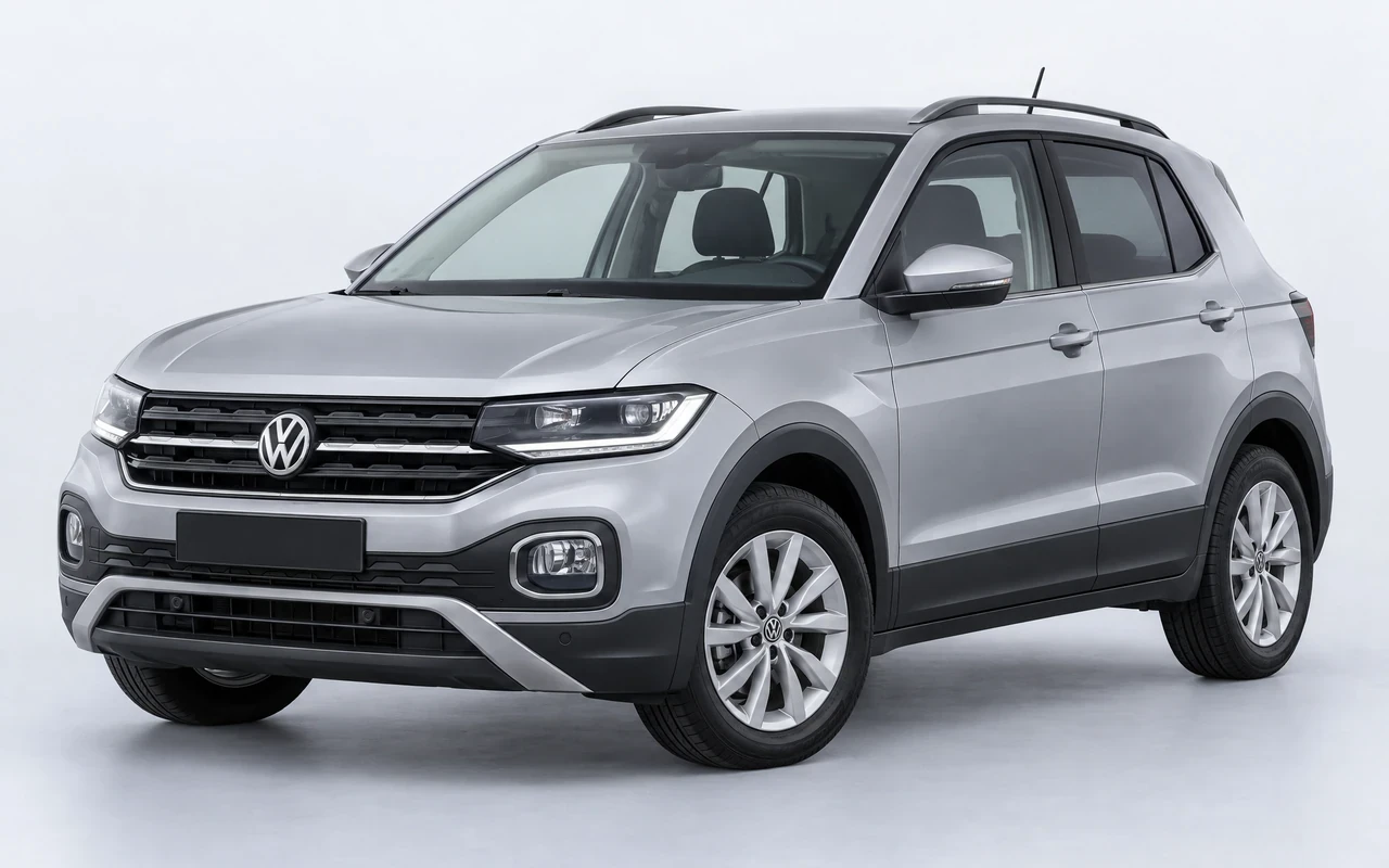 AI-genereret illustration af en sølvgrå Volkswagen T-Cross, set skråt forfra.