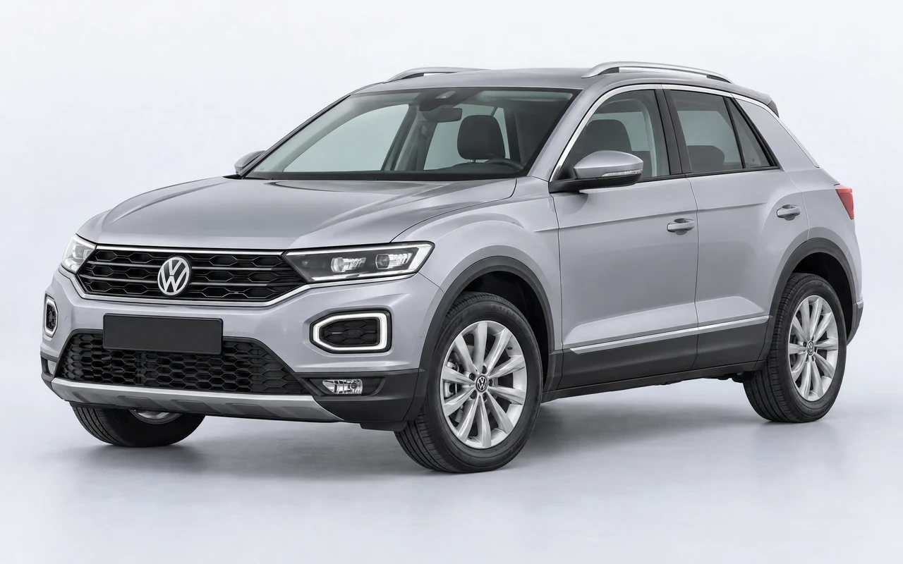 AI-genereret illustration af en sølvgrå Volkswagen T-Roc, set skråt forfra.