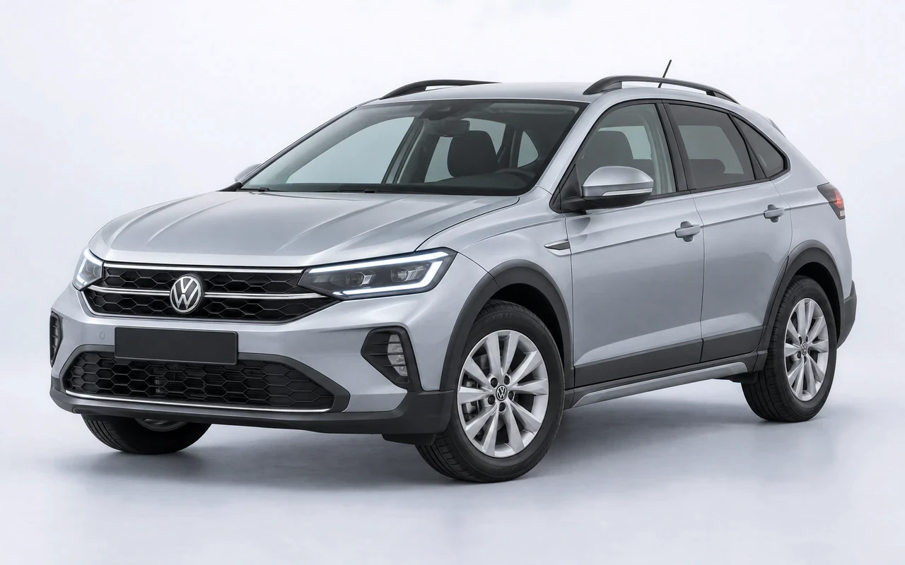 AI-genereret illustration af en sølvgrå Volkswagen Taigo, set skråt forfra.