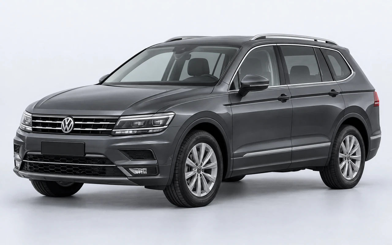 AI-genereret illustration af en mørkegrå Volkswagen Tiguan Allspace, set skråt forfra.