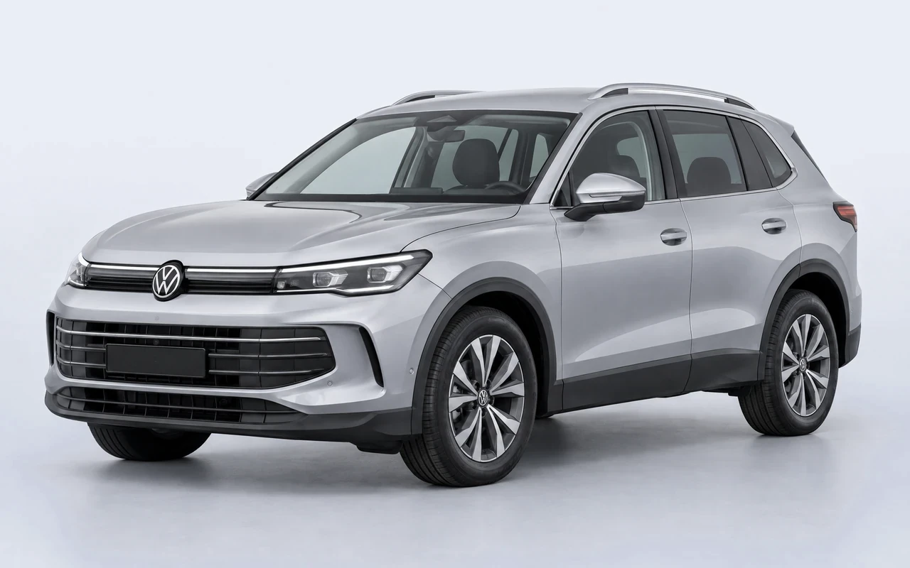 AI-genereret illustration af en sølvgrå Volkswagen Tiguan, set skråt forfra.