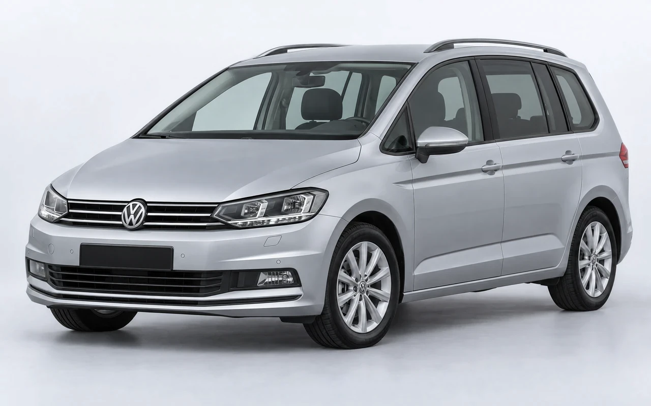 AI-genereret illustration af en sølvgrå Volkswagen Touran, set skråt forfra.